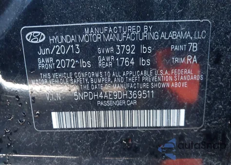 2013 Hyundai Elantra Gls z USA, uszkodzony, nr VIN 5NPDH4AE9DH369511